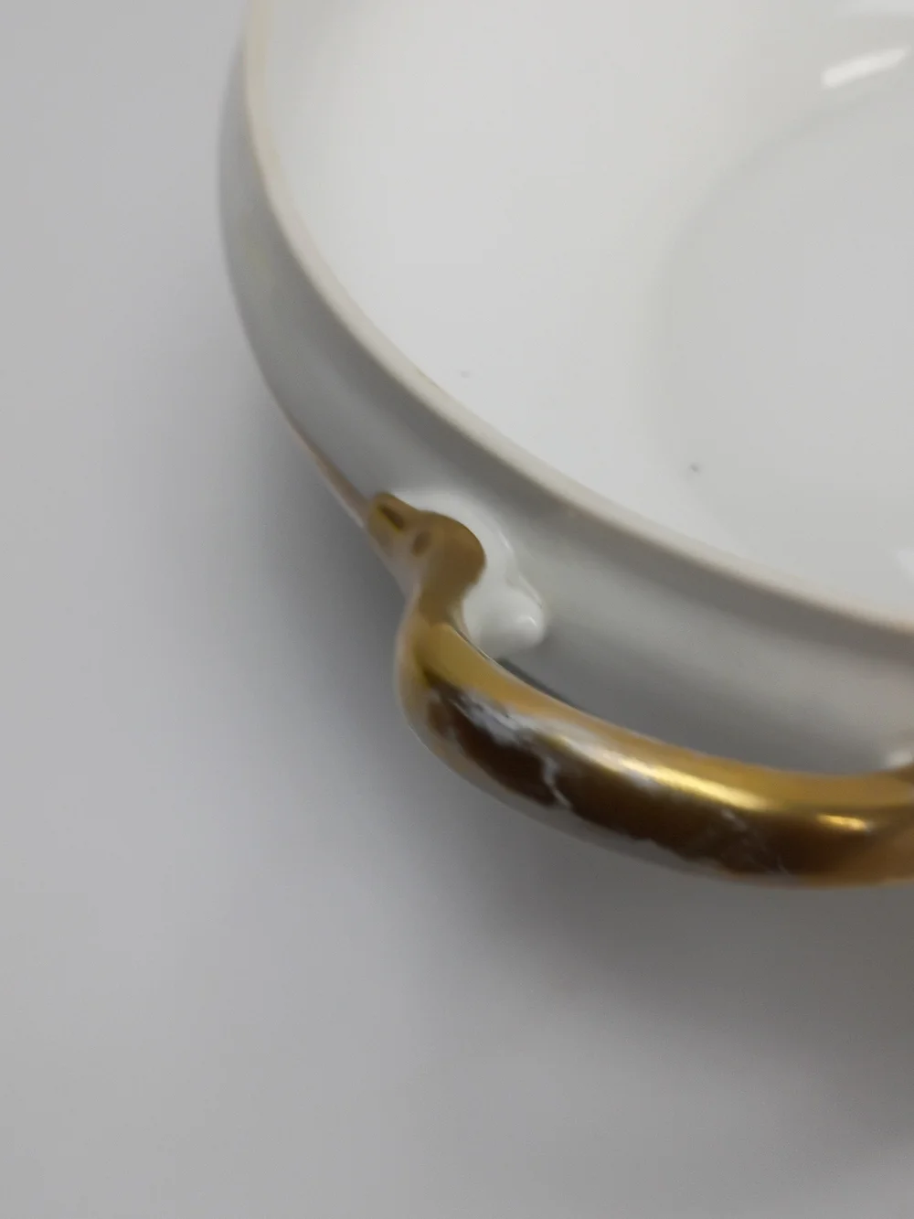 White Porcelain Covered Serving Bowl with Gold Handle